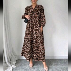 Women's Summer Notched V-Neck Leopard Print Lantern Sleeve Long Loose